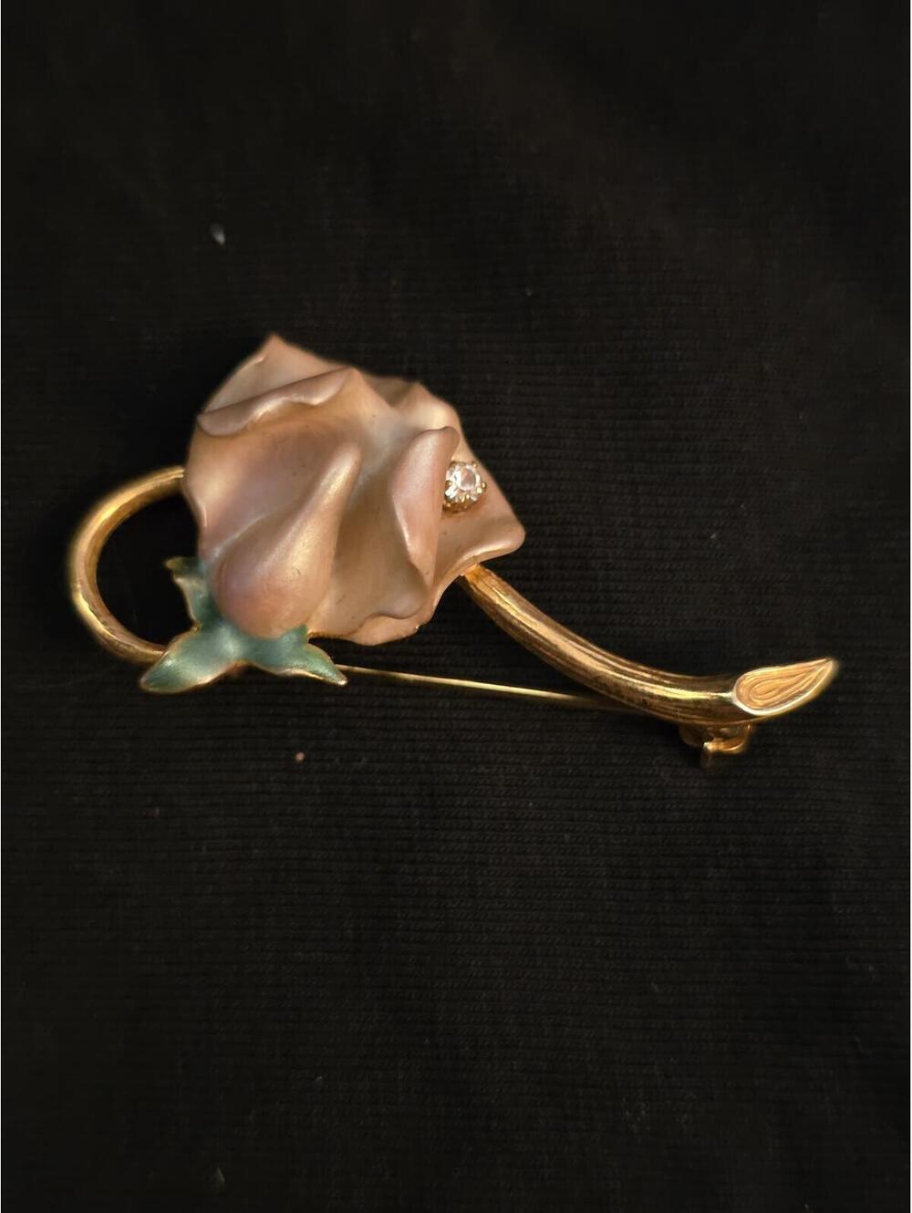 Vintage Joan Rivers Enamel and Rhinestone Rose Bud Brooch